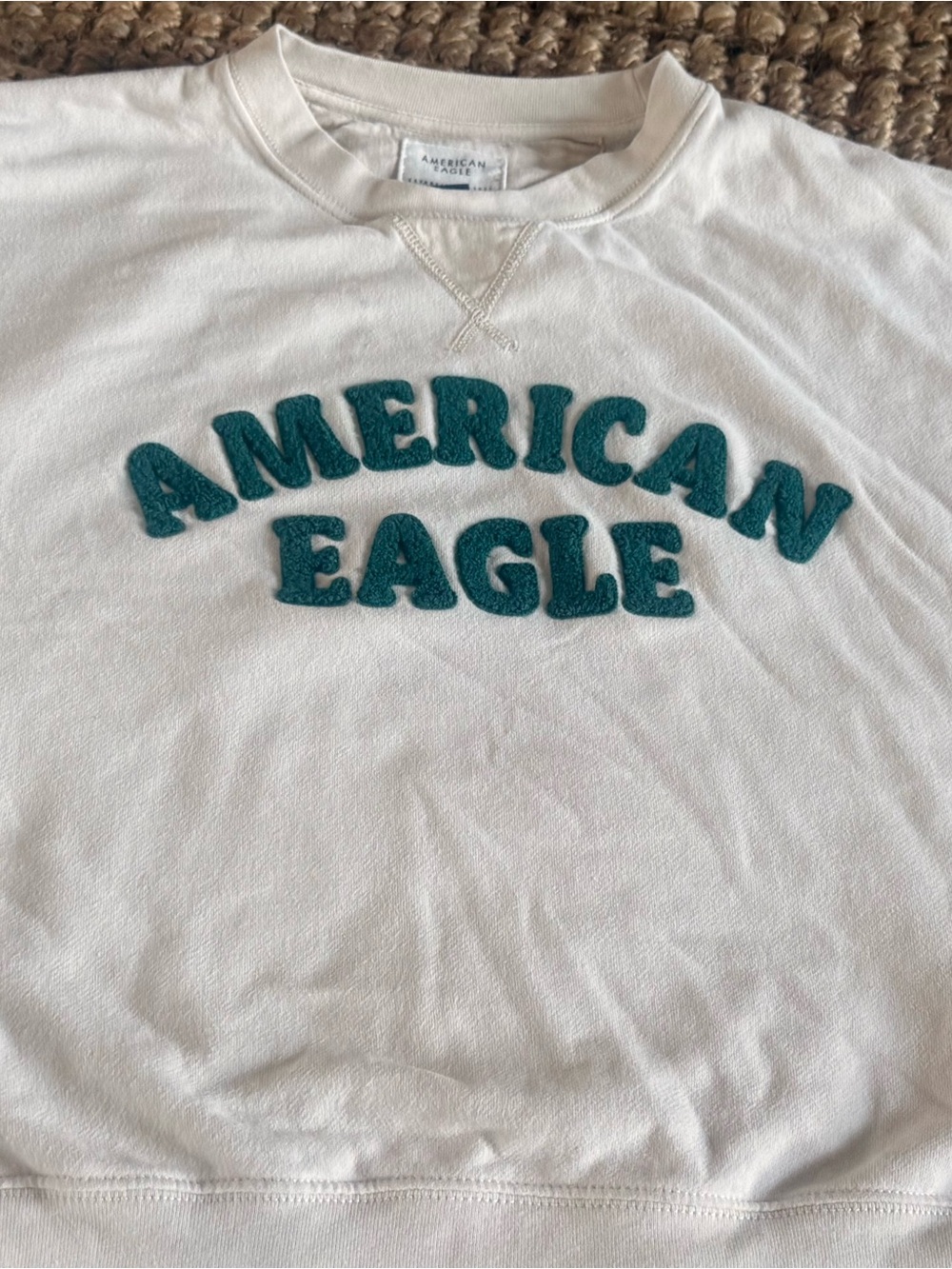 American Eagle Outfitters White Crewneck Sweatshirt with Teal Chenille Logo